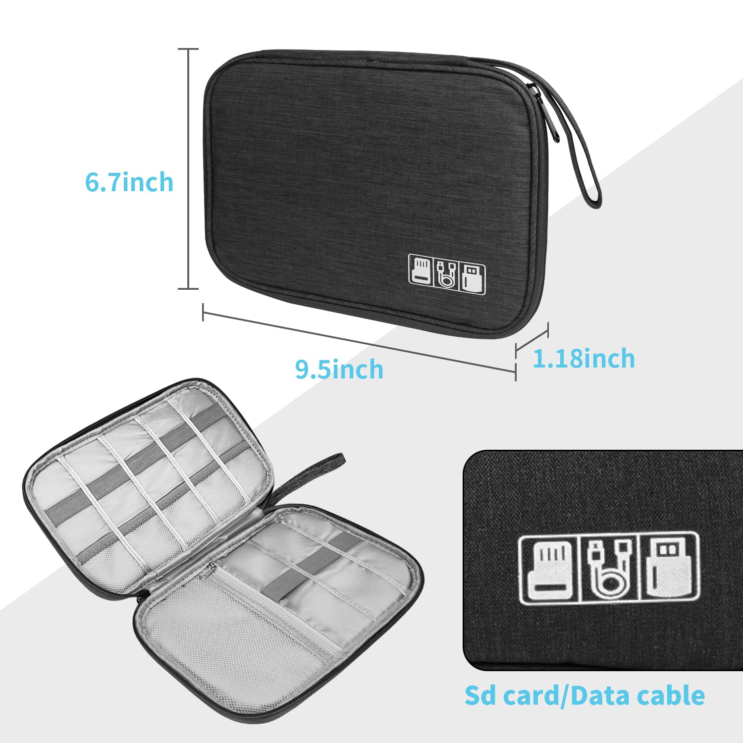 WWW Sac De Rangement Pour Accessoires électroniques - Portable Et étanche - Double Couche - Sac De Voyage Tout-en-un Pour Câble, Cartes SD, Chargeur, Banque D'alimentation, Bleu Ciel, Taille M
