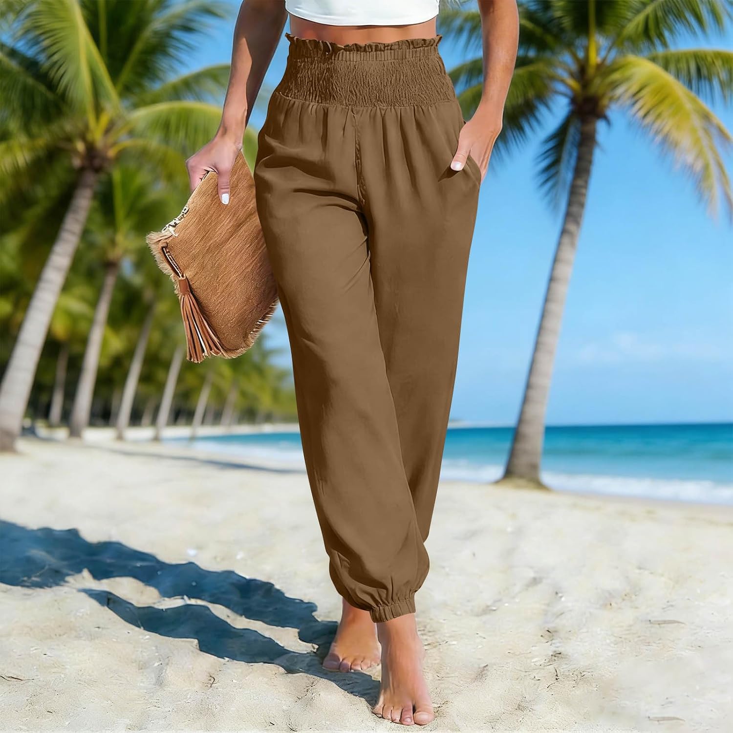 Cotton Linen Pants Women Casual Lightweight Smocked Ruched Elastic Waist Summer Vacation Beach Pants with Pockets
