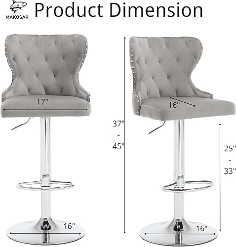 Miniatura 3 de Juego de 2 taburetes de bar giratorios ajustables, sillas tapizadas de terciopelo con borde de cabeza de clavo, reposapiés plateado y respaldo alto