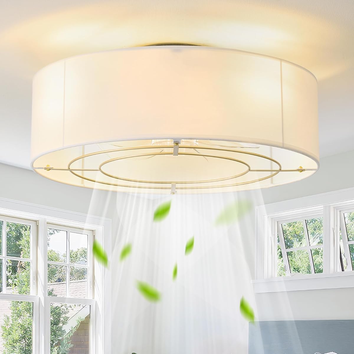 Ventiladores de techo de perfil bajo con luces, ventilador de techo de montaje empotrado de 20 pulgadas con luz, Boho sin aspas con 6 velocidades, control remoto de ratán para dormitorio, guardería, sala de estar