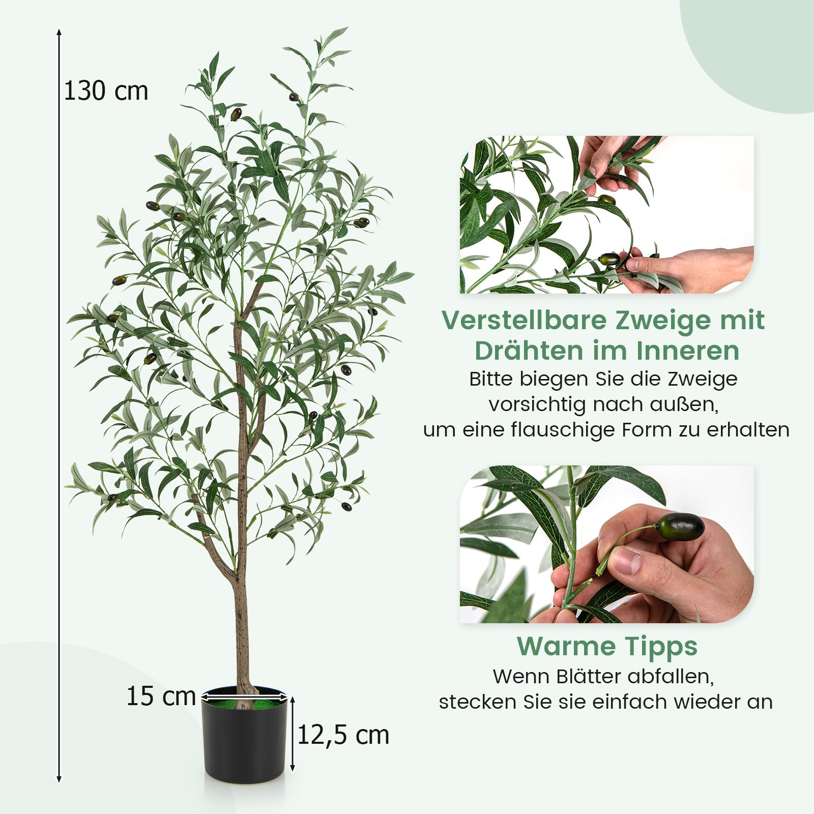 COSTWAY Zestaw 2 sztucznych drzew oliwnych, sztuczna roślina 130 cm, roślina pokojowa z doniczką cementową i naturalnymi liśćmi i owocami, sztuczne drzewo do ogrodu, biura, domu, sztuczne rośliny,