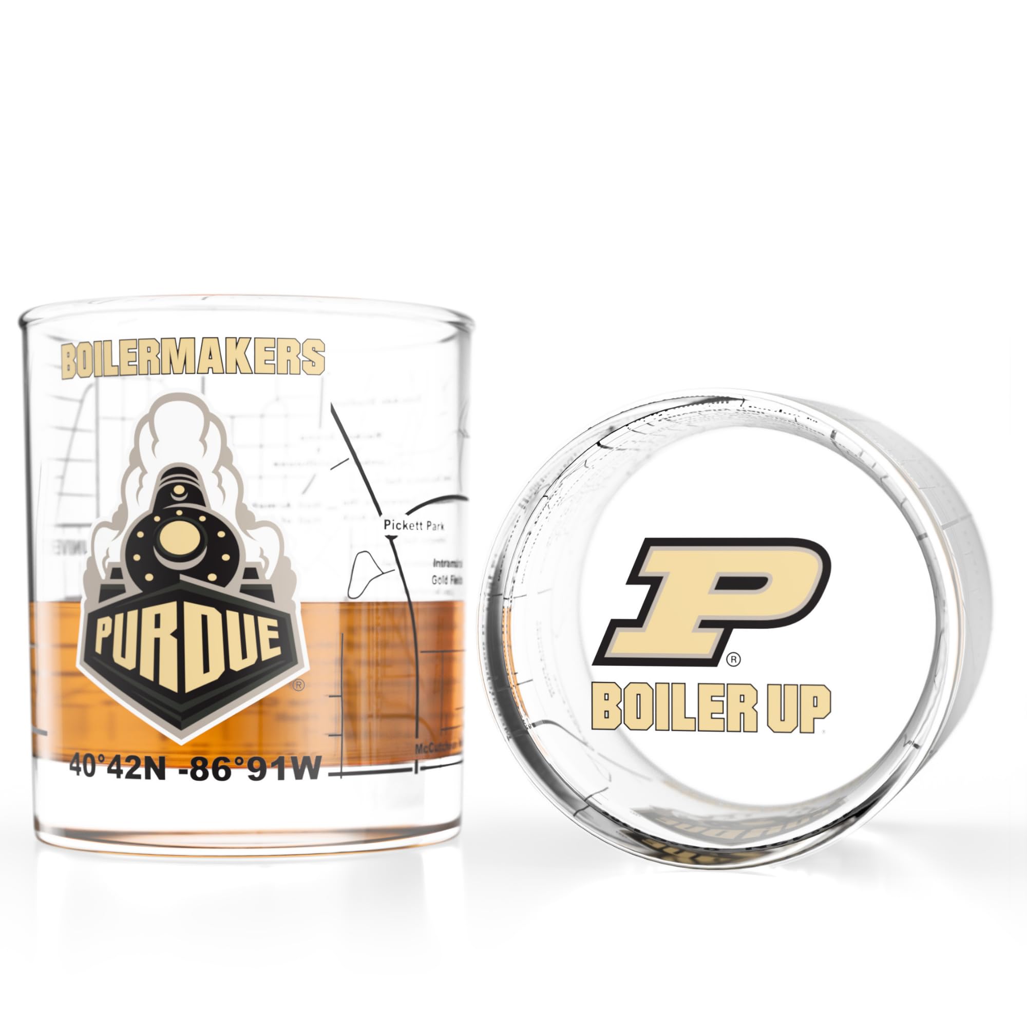 Greenline Goods University of Purdue Boilermakers Whiskey Glasses Set of 2, 10 oz Rocks Glasses with Full-Color Logo &amp; Campus Map – Officially Licensed Bourbon Glass Gift for Alumni &amp; Fans