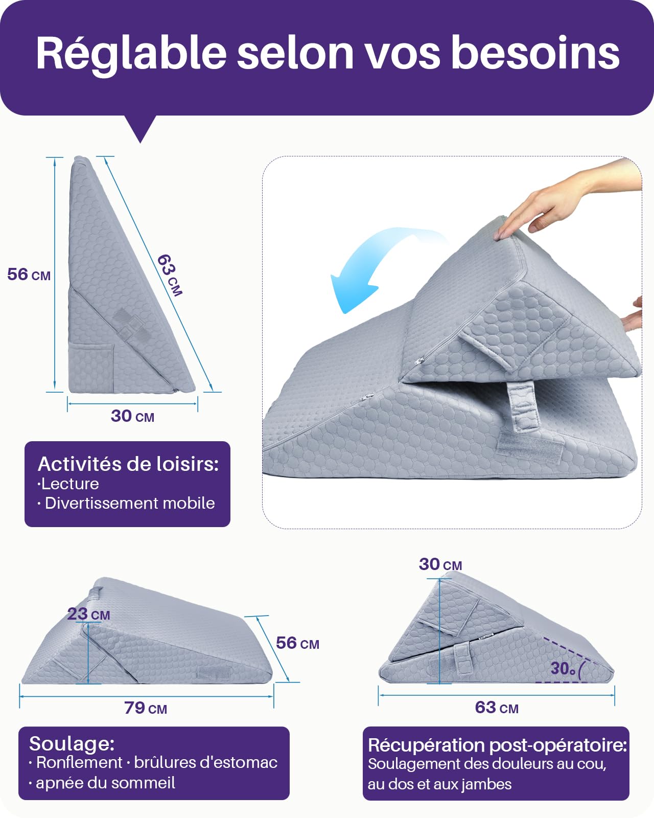 Kekoy Rehausseur Matelas Adulte Réglable – Idéal Contre l’Apnée, Reflux Acide, Douleurs Dorsales, Ronflements | Oreiller Anti-Reflux en Mousse à Mémoire, Housse Amovible, Poignée (Gris)
