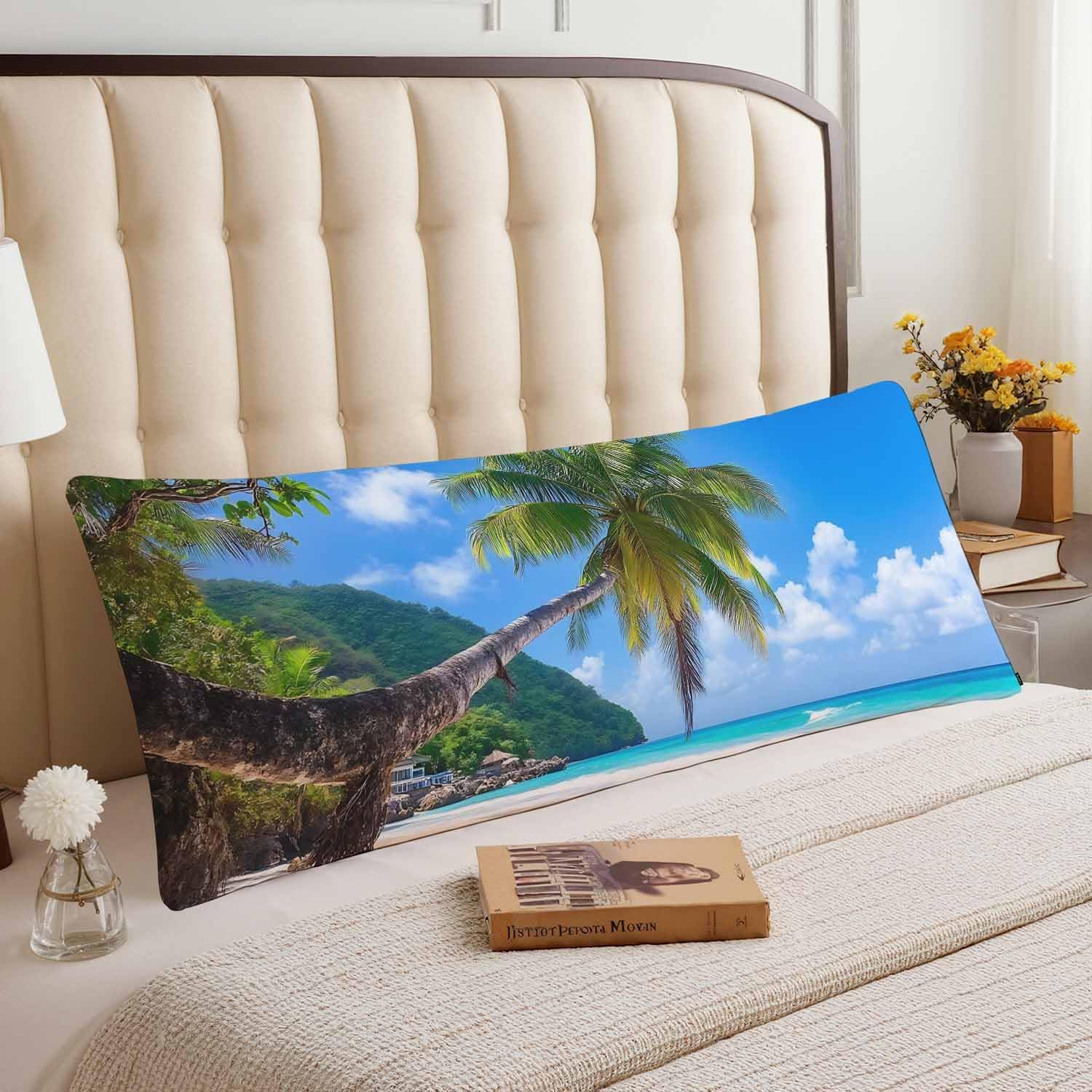 Tropical Beach Decorative Home Pillow Covers, Turquoise Sea Palm Tree Hawaii Body Pillow Cases Sleeper Pillow Cushion Cover Bedding Body Pillowcase for Man Woman 20x54 Inch