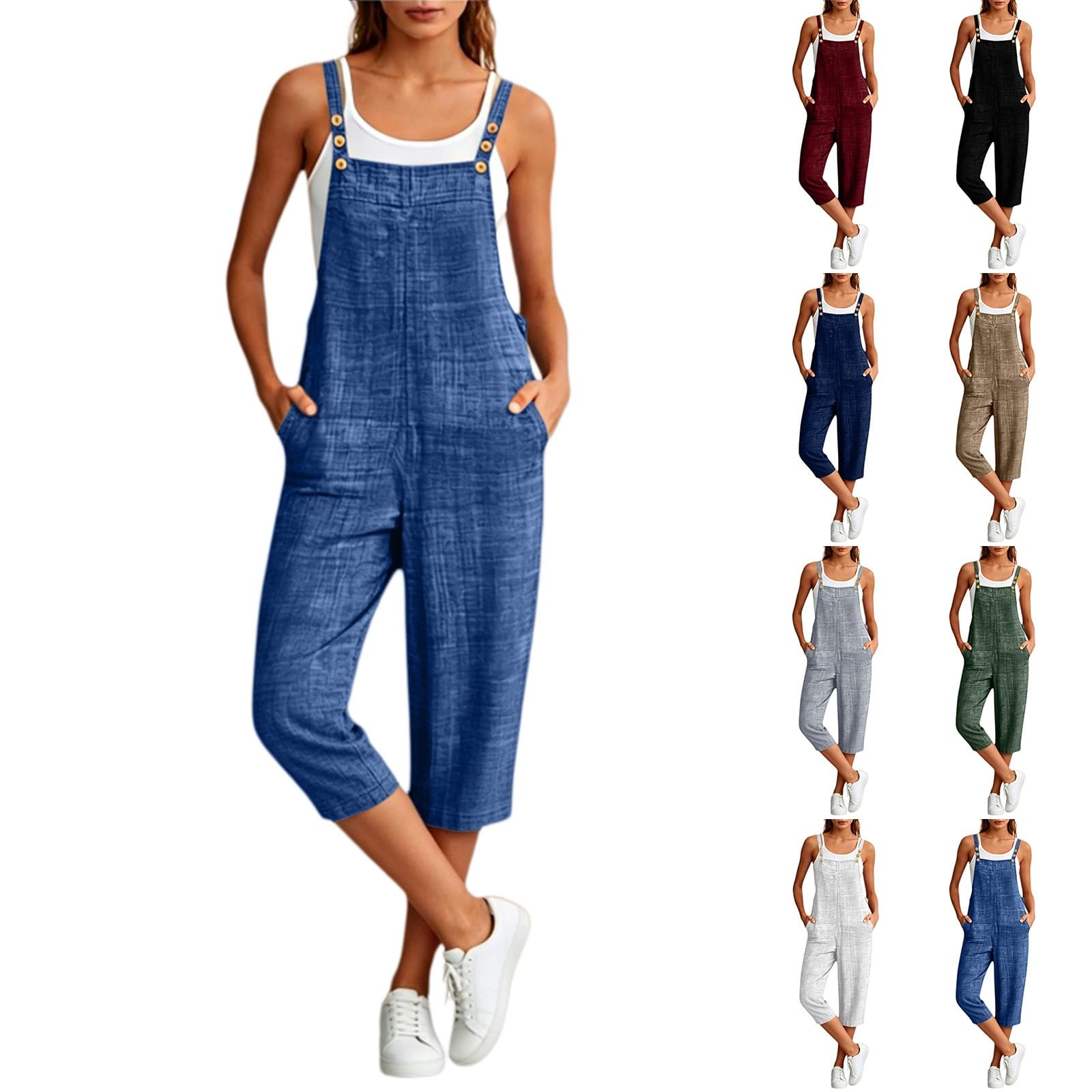 Salopette estive da donna a 3/4, pantaloni da lavoro a gamba larga, con tasche | Tuta casual ampia con bretelle regolabili, tinta unita, senza maniche, per lavoro e tempo libero