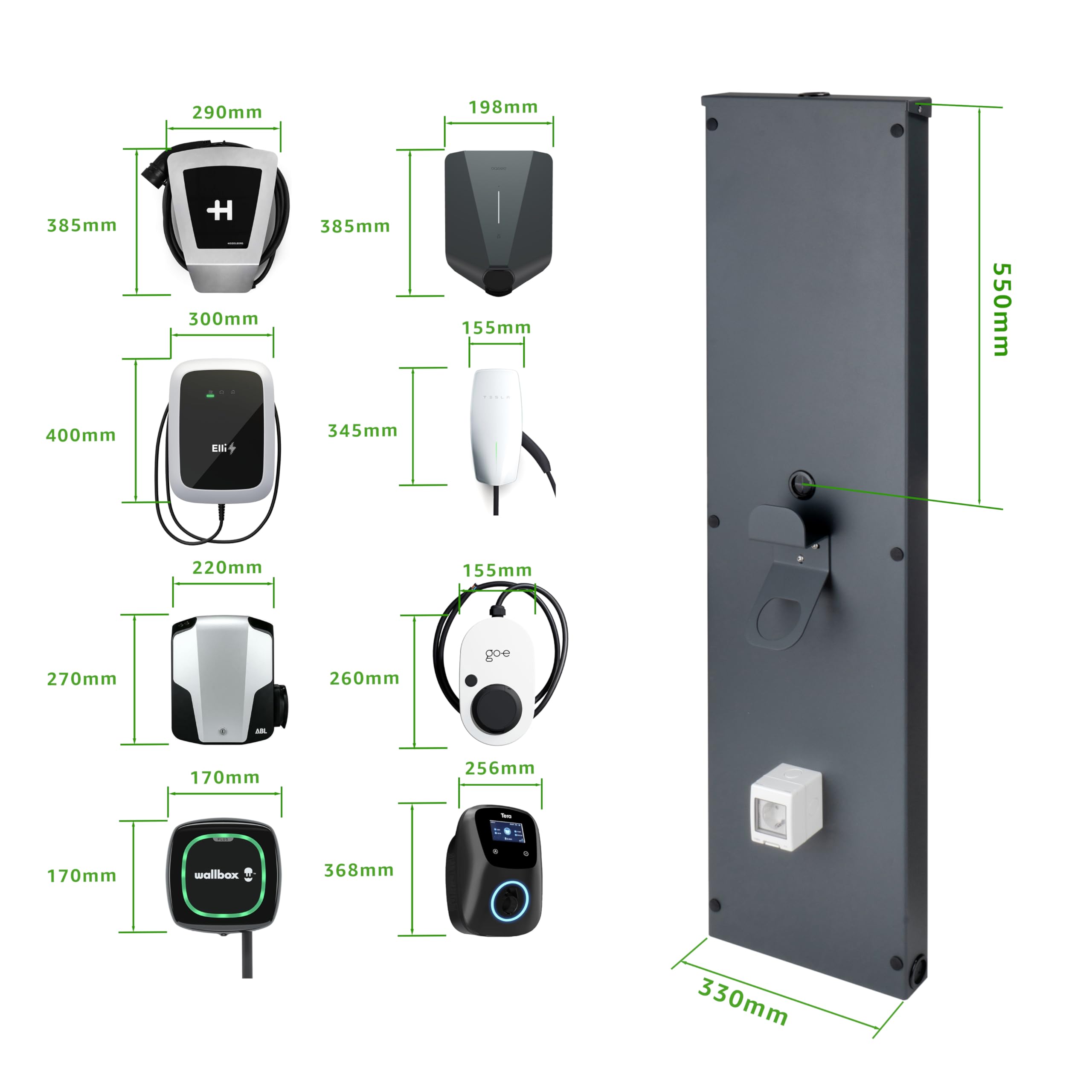 Uniwersalna kolumna ścienna z aluminium do stabilnej instalacji stacji ładującej i zorganizowanego miejsca ładowania do pojazdów elektrycznych, płyta ścienna do Wallbox (125 x 33 x 5,5 cm