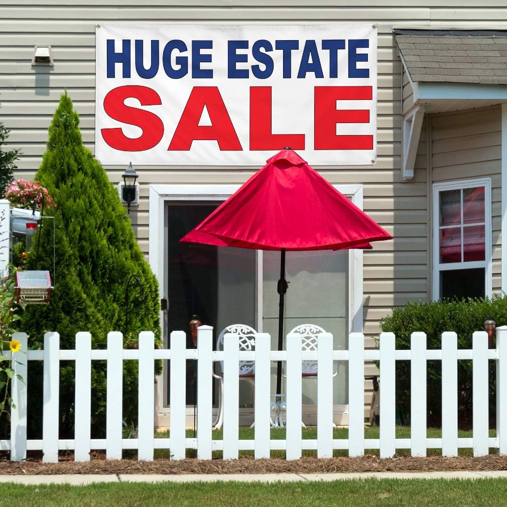 Vinyl Banner Multiple Sizes Huge Estate Sale Red Blue Business Outdoor Weatherproof Industrial Yard Signs 4 Grommets 16x40Inches