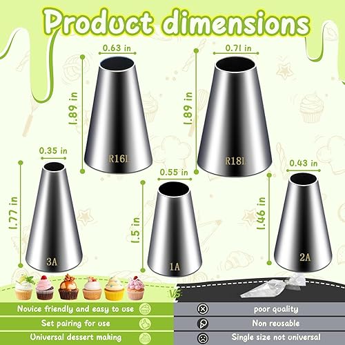 Miniatura 6 de Hendiy 5 puntas redondas grandes, puntas de tuberías de acero inoxidable, juego profesional de puntas de decoración de pasteles, puntas de glaseado,