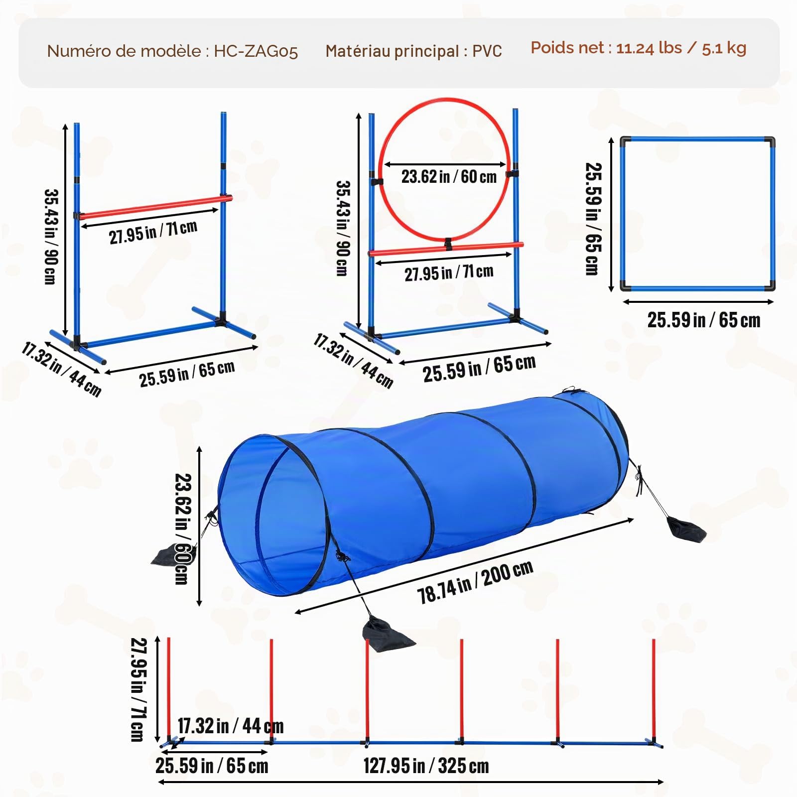VEVOR Équipements d'Entraînement Agilité pour Chien, Ensemble 5PCS, Parcours Obstacles pour Chiot, avec Haies Hautes Réglables, 6 Poteaux, Tunnel, Anneau de Saut, Boîte de Pause, Sifflet, Bol Pliable
