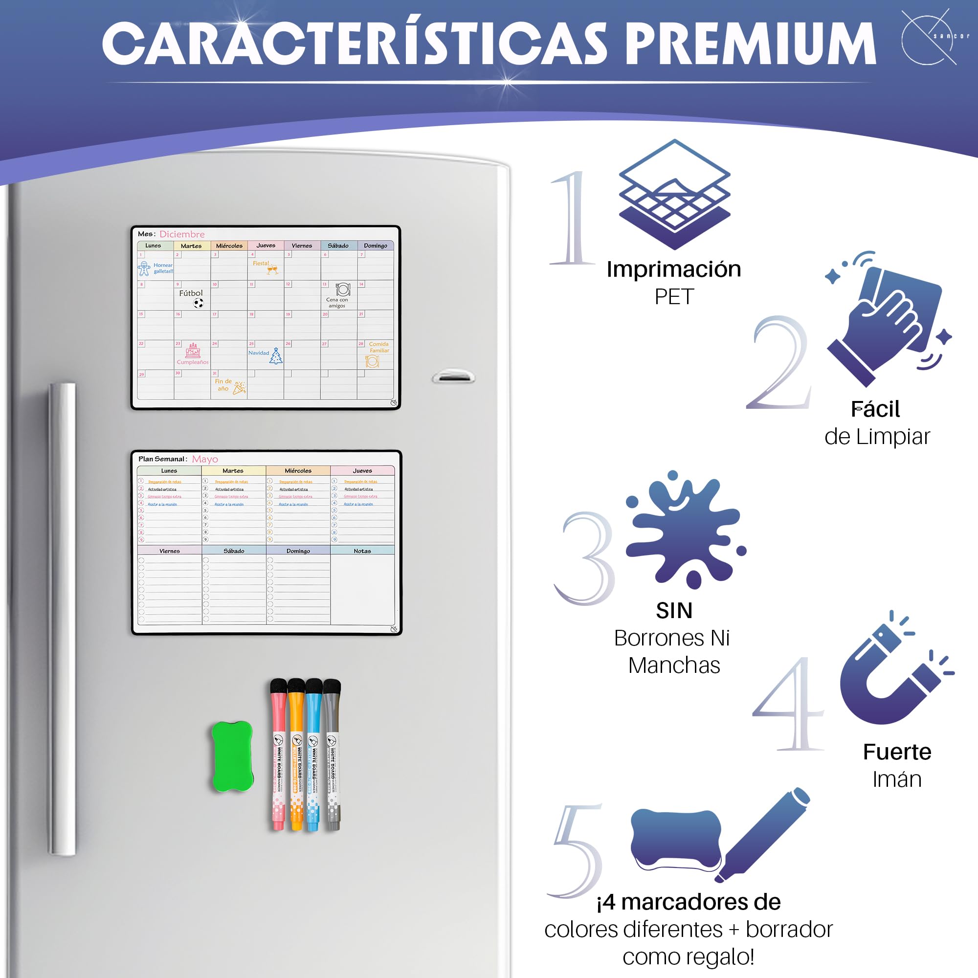 Calendario Magnético Nevera Planificador Mensual o Semanal + 4 Rotuladores y 1 Borrador de Regalo | Opciones en Tamaños A4 y A3 | Ideal como Organizador Semanal (MENSUAL A4)