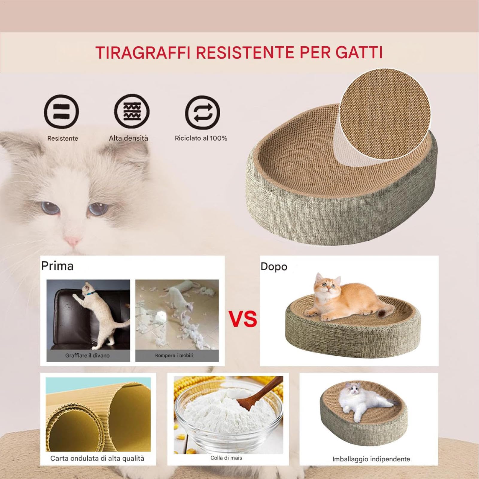Tiragraffi Per Gatti Resistente In Sisal, 60x40x8cm 2 In 1 Cartone Rotondo Tiragraffi, Cuccia Ovale 2 In 1, CerchiTiragraffi Lounge Per Graffiare, Riposo E Gioco Gatti Da Interno