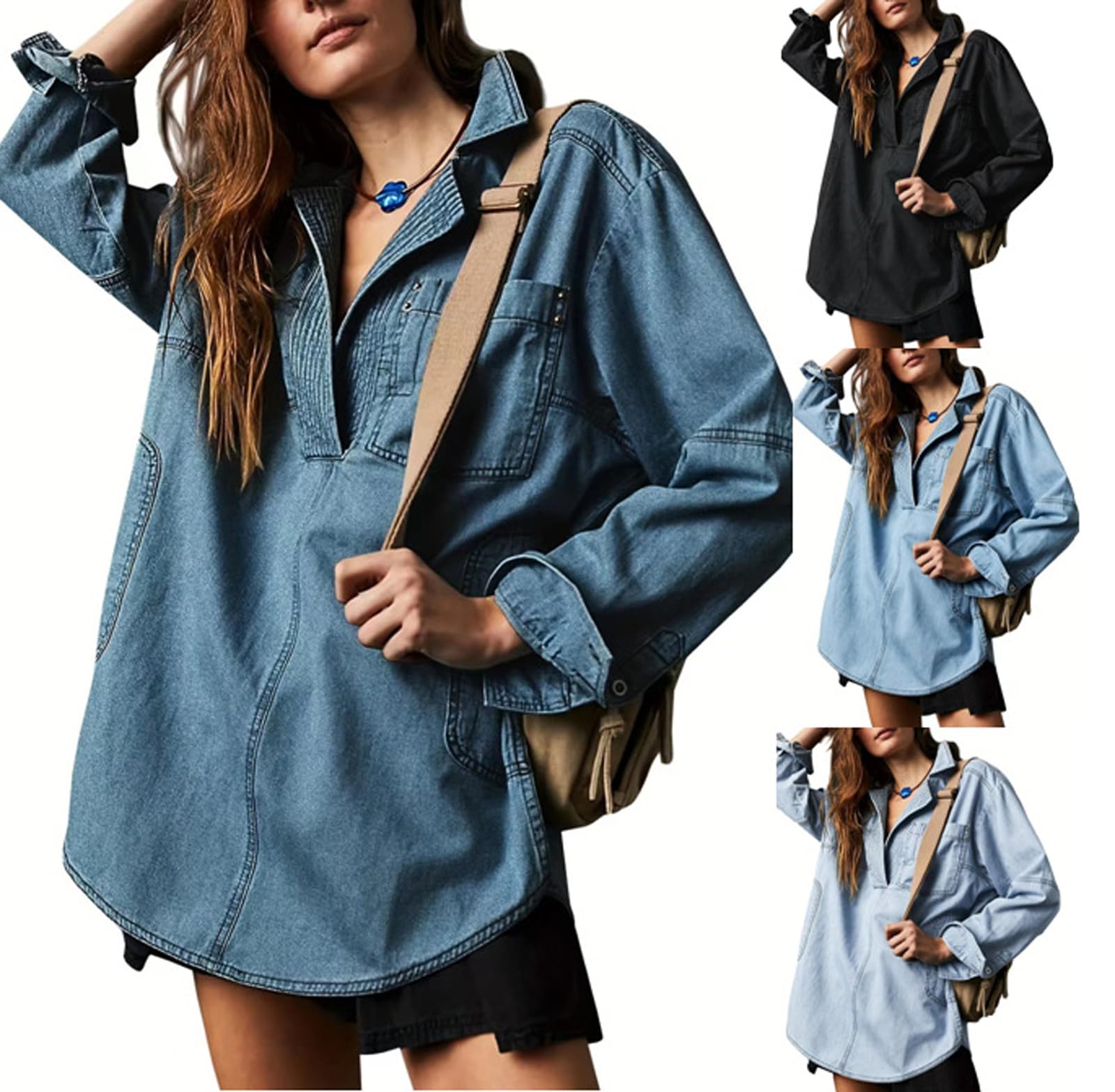 loveimgs Lässiger Langarm-Denim-Pullover für Damen, Jeanshemd, V-Ausschnitt, übergroßes Denim-Shirt, Kapuzen-Sweatshirt