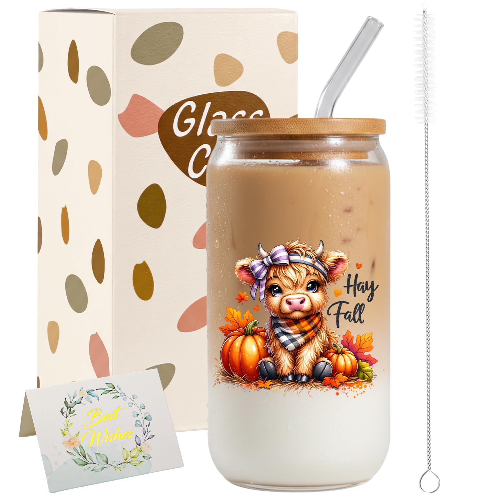 JEKUGOT Highland Cow Gifts Glass Cup with Lid and Straw, Gift for Women