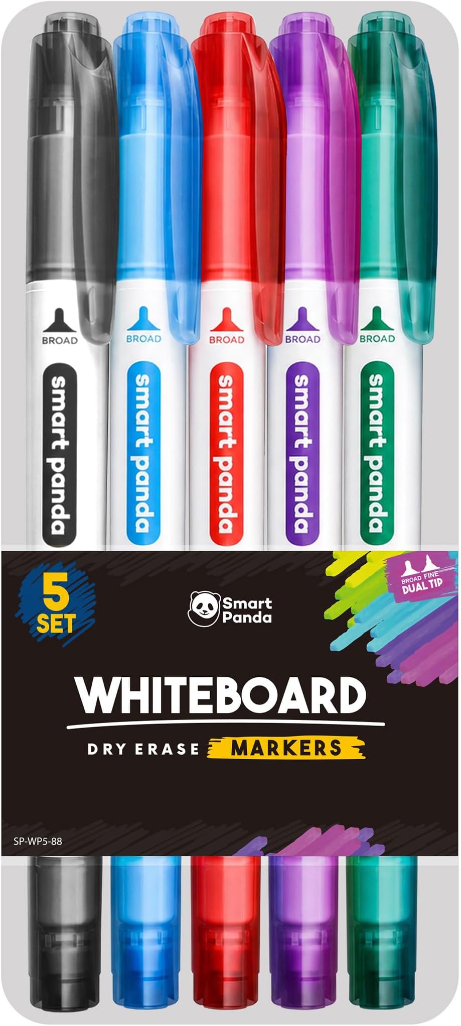 Smart Panda 5 Whiteboard Pens Dual Tip, Thin White Board Markers Erasable, Fine & Broad – Dry Erase Marker Pens for Classroom, Teachers, Kids, Home & Office – 5 Set