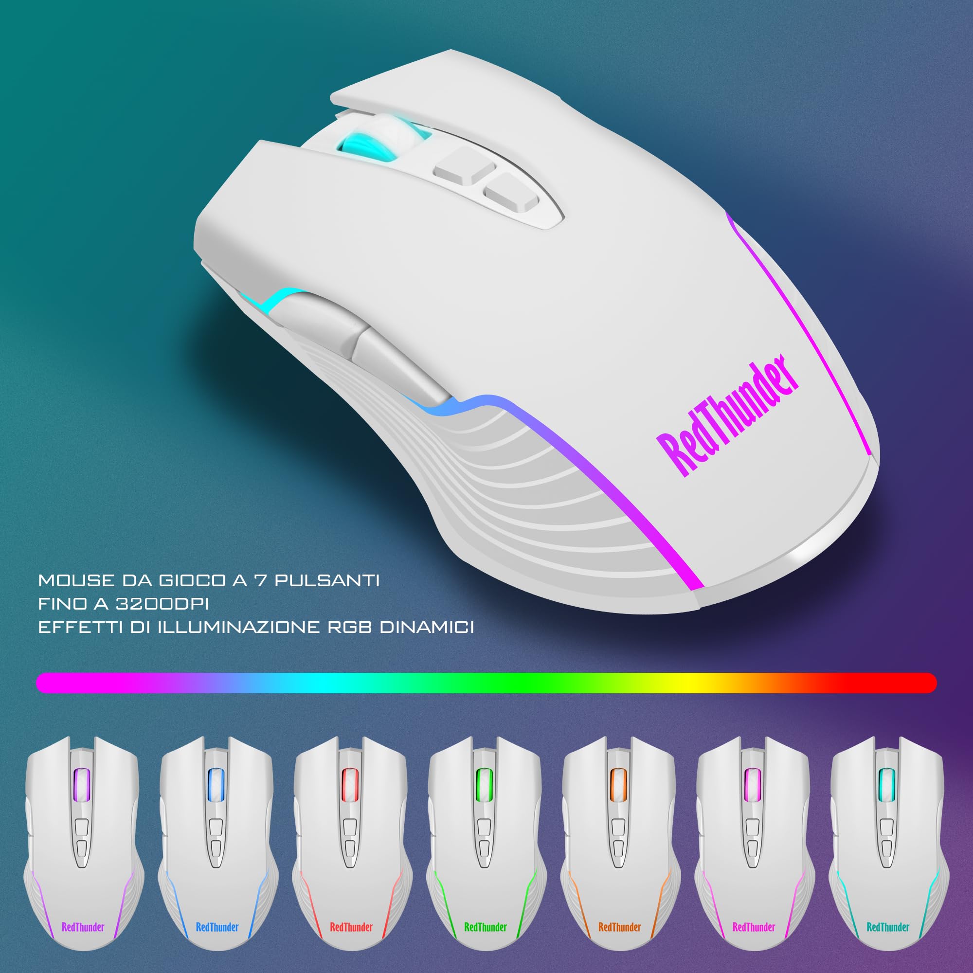 RedThunder K10 Set Tastiera e Mouse da Gioco Wireless, Retroilluminazione a LED, Batteria Ricaricabile da 3800 mAh, Sensazione Meccanica, Anti-ghosting+Mouse 7D 3200DPI, Layout IT, Giocatori PC-Bianco