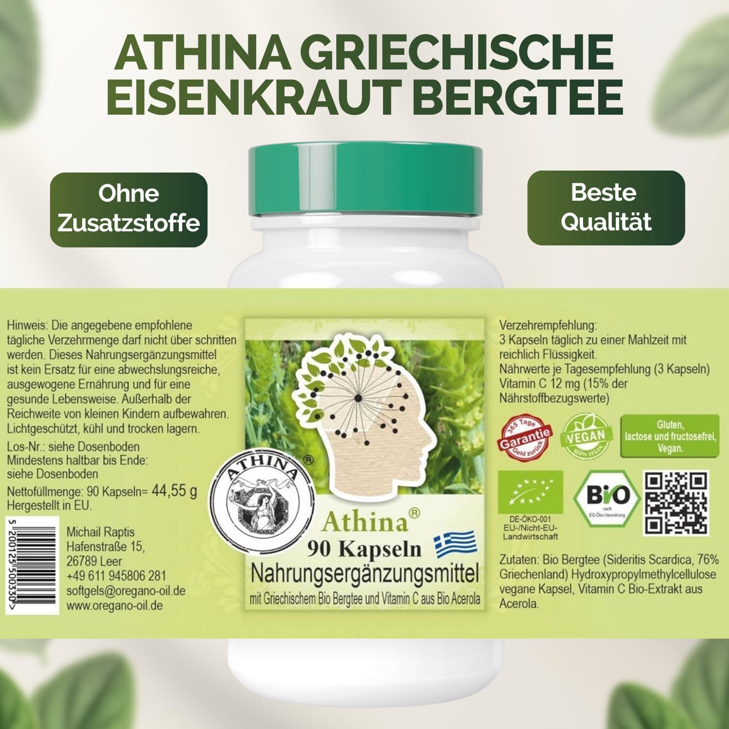 Athina® Griechische Eisenkraut Bergtee Kapseln Bio DE-ÖKO-006 90 Stück Sideritis Scardica Vegan Premium Qualität (90 stück, (180 stück, (2er Pack))