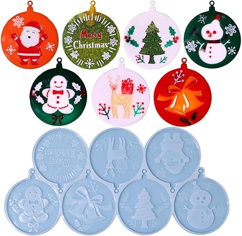 Miniatura 1 de Molde de resina de Navidad de silicona, molde colgante redondo 7 en 1 para resina, molde de adorno de YXYJGOBUY para resina epoxi, muñeco de nieve,