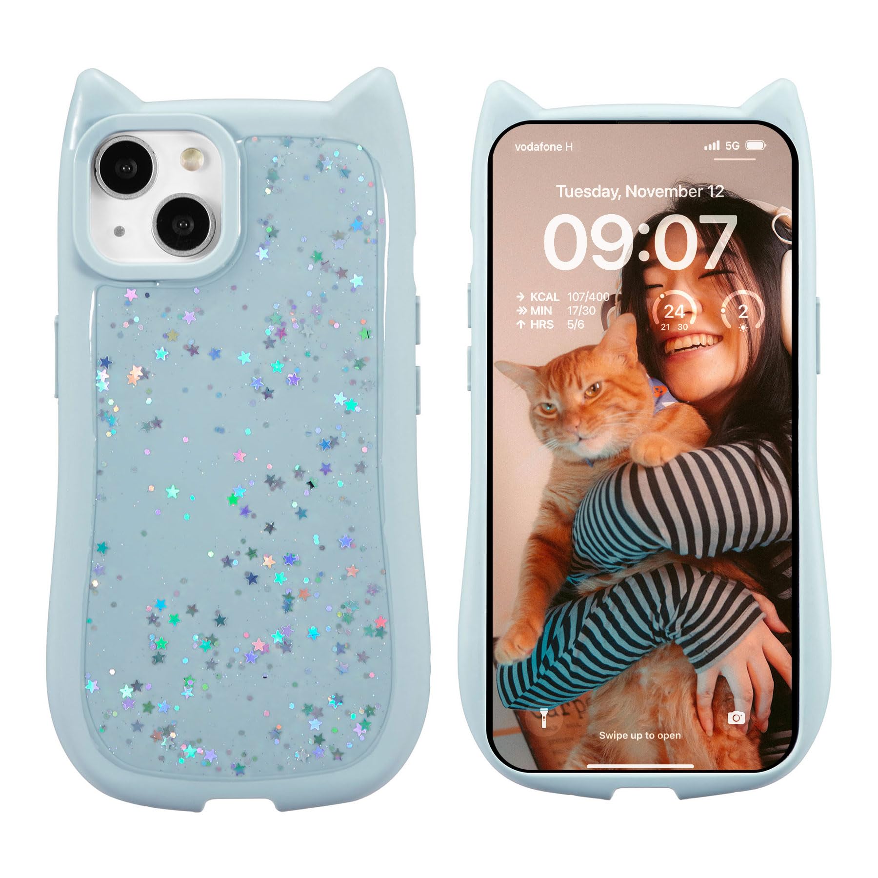 ZCDAYE for iPhone 14/iPhone 13 Case,Sparkly Cute Cat Ear Case for Women Girls,Glitter Bling Soft TPU Silicone Bumper Protective Cover for iPhone 14/