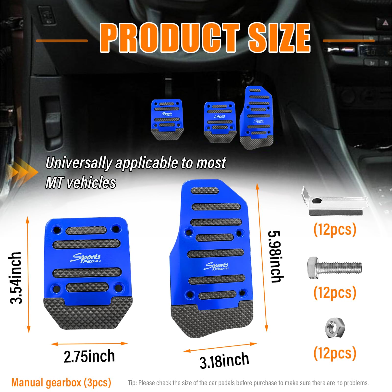 Ziciner 3PCS Non-Slip Car Pedal Pads, Manual Gearbox Gas Pedal Brake Pedal Cover, Aluminum Alloy Brake Gas Clutch Pedal Kits, Universal Replacement Accessories for Car SUV ATV (Blue&Manual)