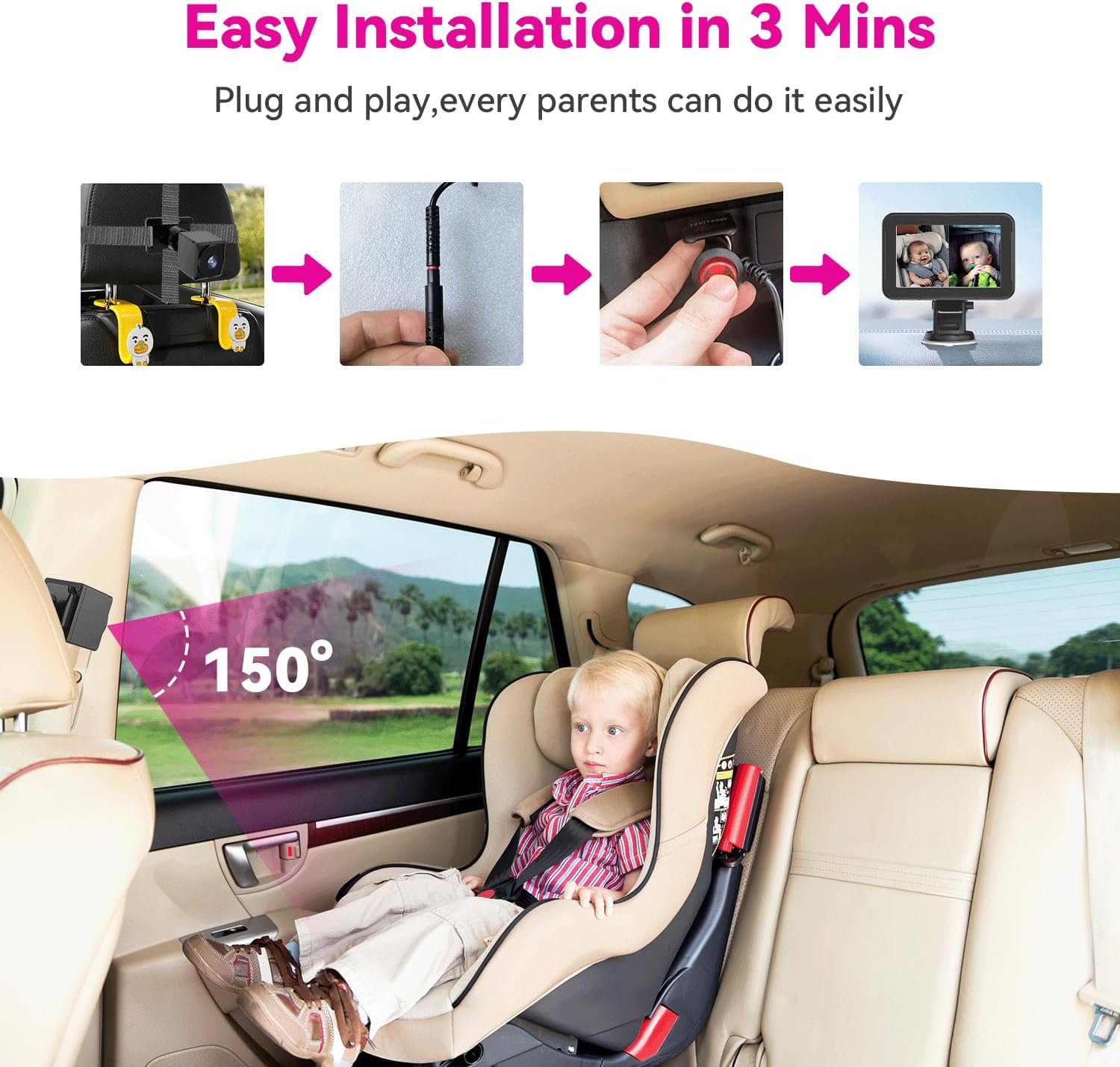 Baby Car Camera for 2 Kids 1080P Split-Screen Monitor Dual Cam Rear-Facing Cameras IR Night Vision 360° Rotatable Backseat Screen, Car Seat Mirror Alternative (2 Cameras with 5'' monirtor)