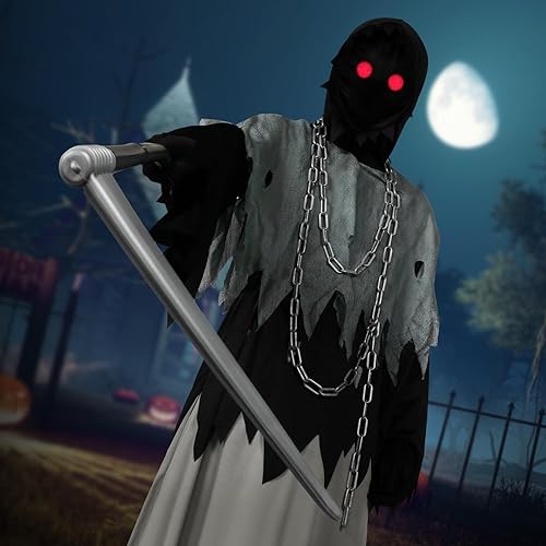 Miniatura 3 de Alaiyaky Disfraz de la parca para niños y niños, disfraz de Halloween para adultos con ojos rojos brillantes, guadaña, cadena