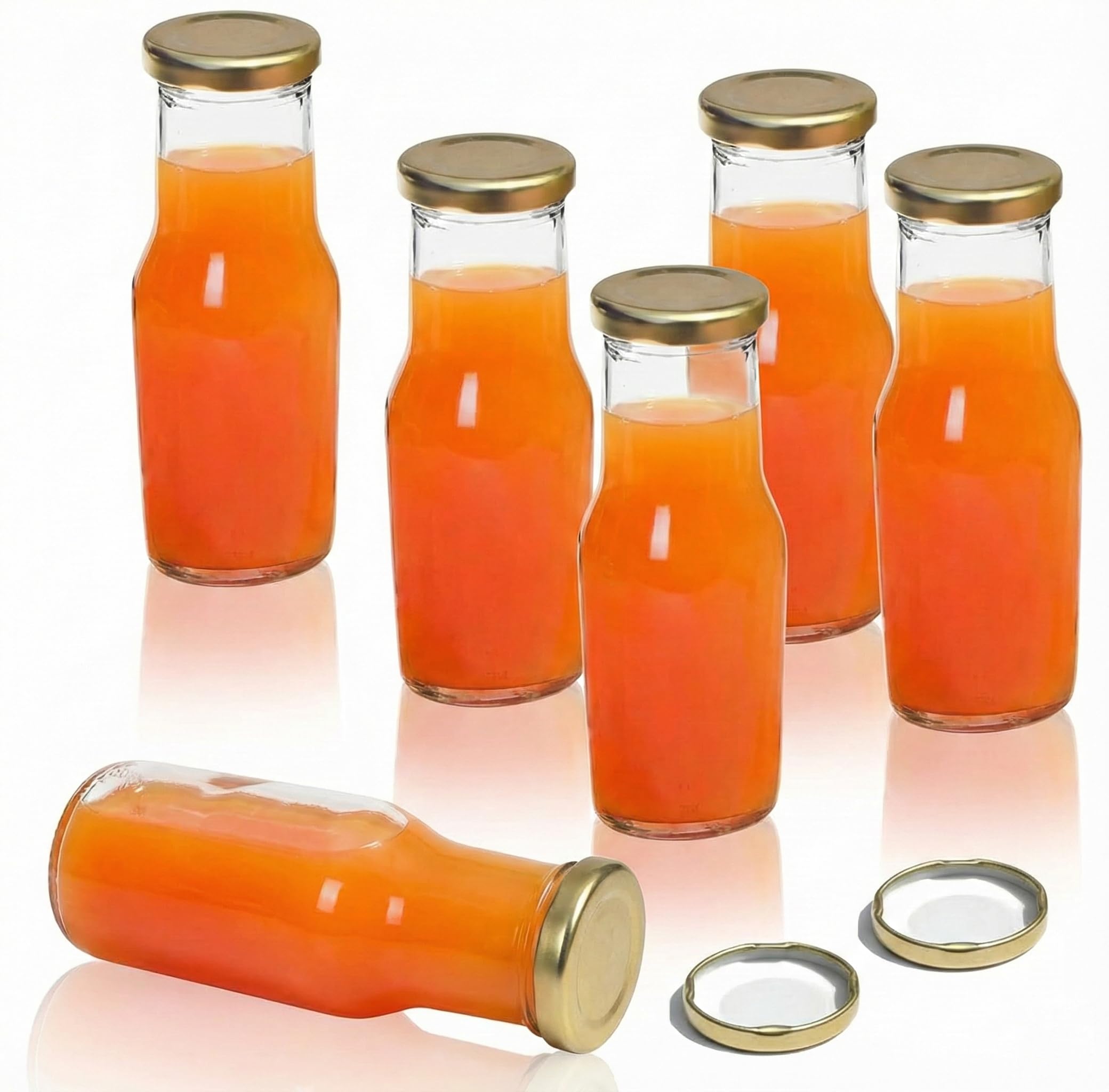 QLYSS Clear Glass Milk, Water and Juice Bottle With Airtight Cap - 200 Ml (Set of 6 Pieces) Transparent