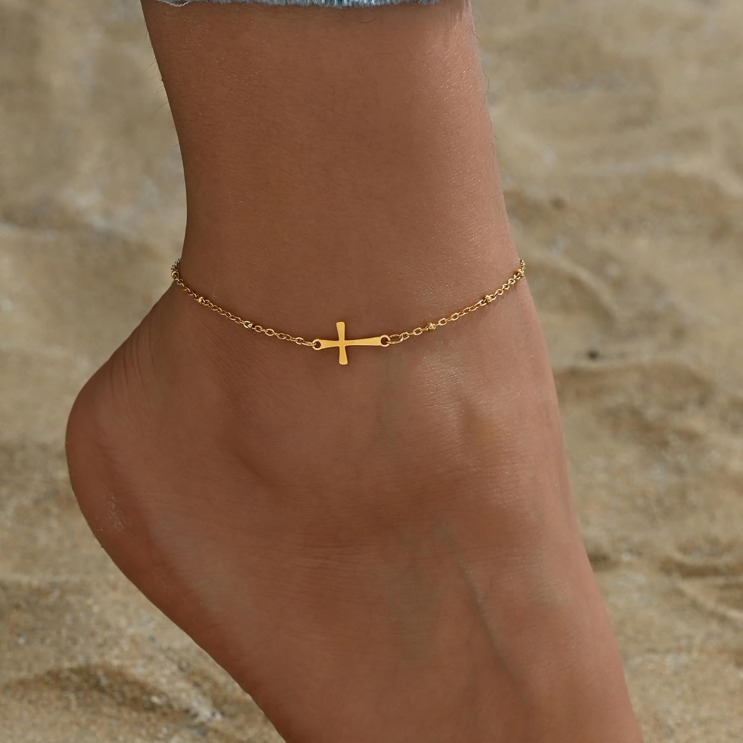 Ankle Bracelets for Women Dainty 18K Gold Plated Anklet Waterproof Round Beaded Paperclip Herringbone Pearl Chain Anklets Waterproof Beach Foot Jewelry - Image 2