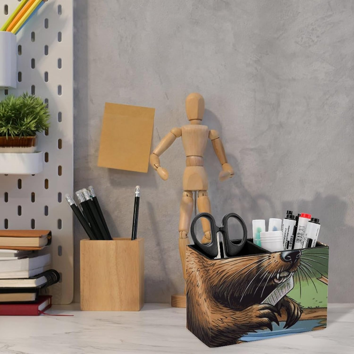 Leather Square Color Simple Busy Beaver Cartoon Printed Pen Container Desktop Decoration Storage Accessories, Double Compartment Pen Container Ideal for Home Offices