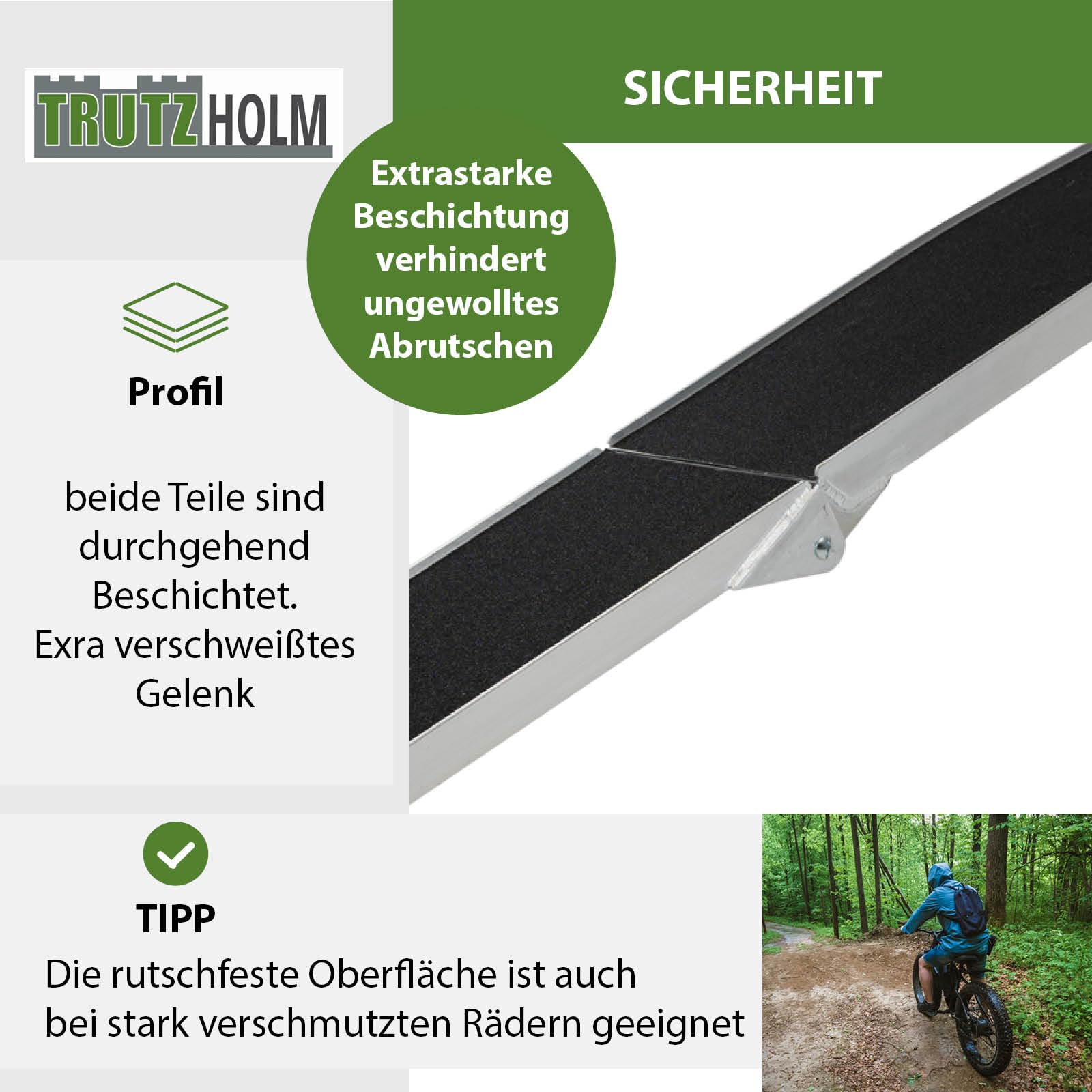 TRUTZHOLM 2X Auffahrrampe klappbar Länge 228 cm 340 kg Traglast je Stück 680 kg Gesamttraglast Aluminium Friktionsbeschichtung Anti Rutsch E-Bike-Rampe Fahrradrampe Motorradrampe inkl. 2X Spanngurt