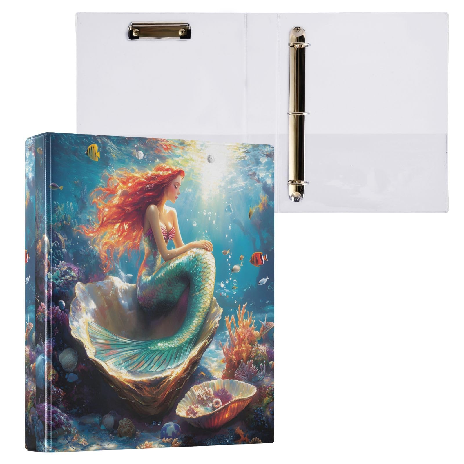 Raccoglitore a 3 anelli, con bellissimi raccoglitori a forma di sirena, corallo, pesce, conchiglie, 3,8 cm, contiene 200 fogli, con tasche interne trasparenti, per ufficio, scuola, lavoro, confezione