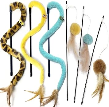Cat Toy,Cat Feather Toys,Cat Teaser Wand and Rainbow Wand, Interactive Cat Toys for Indoor Cats Adult Kitten, 6 Pack Yellow