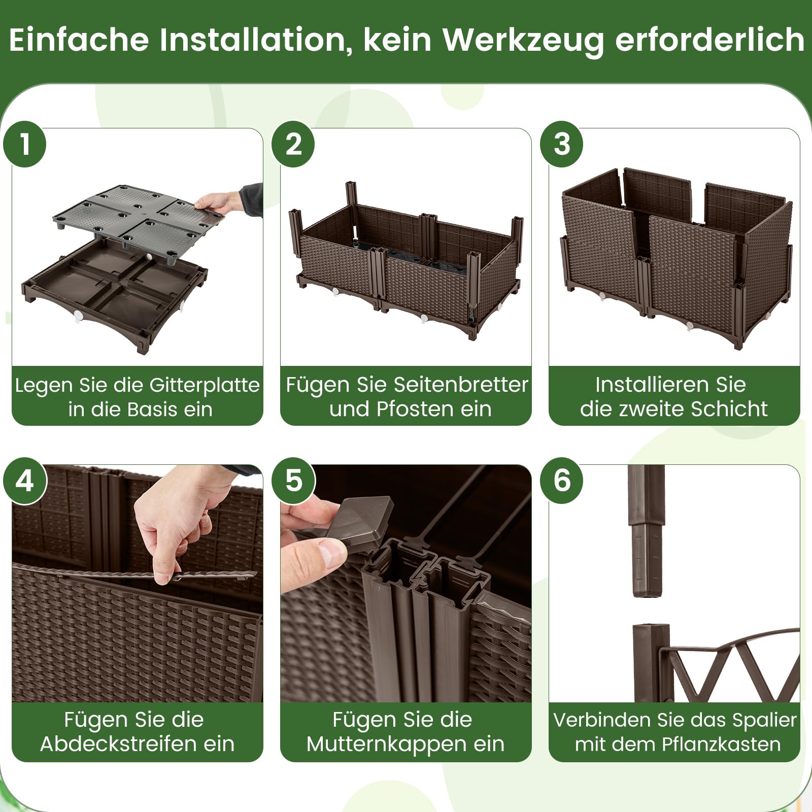 RELAX4LIFE Blumenkasten mit Rankgitter, Rankgitter mit Rattanoptik Pflanzkasten, Pflanzkübel mit Spalier, Hochbeet mit Rankhilfe, Spalier mit Blumentopf für Garten (Kaffee, 80 x 40 x 140 cm)