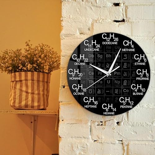 Miniatura 3 de OTKU Reloj de pared silencioso de 12 pulgadas, tabla periódica de elementos, química, fórmulas químicas como números de tiempo, reloj de pared,