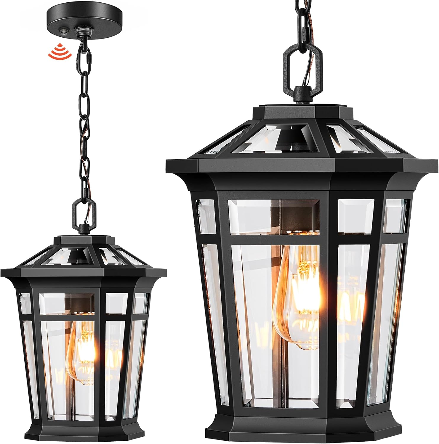 Gleamz Large Dusk to Dawn Outdoor Hanging Lights, Black Outdoor Chandelier Fixture, Aluminum Outside Pendant Sconce, Outside Ceiling Light for Porch, Entryway, Garden, Garage, 1-Pack, Hardwired