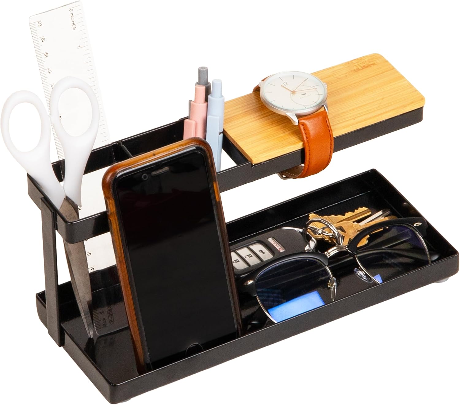 Desktop Organizer, Steel and Wood Desktop Dock, Catchall Tray for Phone, Wallet, Watch, Keys, Black product image