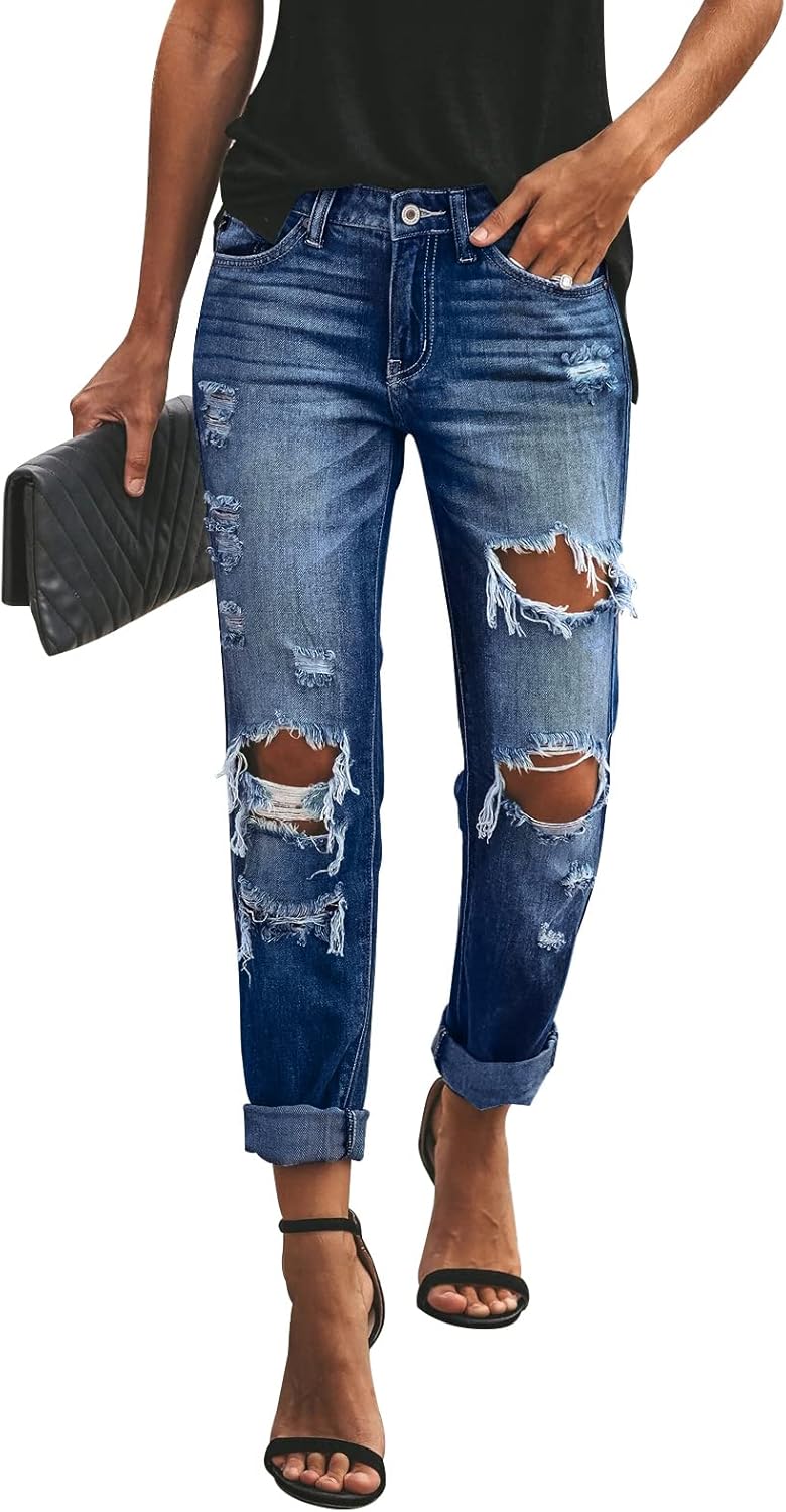 KUNMI Women’s Ripped Mid Waisted Boyfriend Jeans Loose Fit Distressed Stretchy Denim Pants