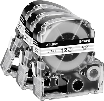 3 Pack AT12KW 1/2" Tape Compatible for LK-4TBN Black on Clear