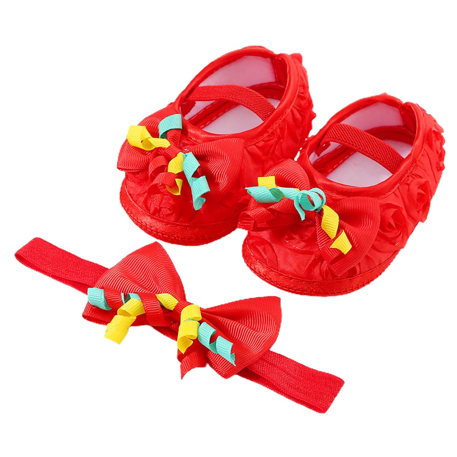 Baby Shoes with Hair Band Fashion Soft Soled Toddler Shoes Versatile Dress Flower Princess Shoes Baby Shoes Size 3 (Red, 3.5 Infant)