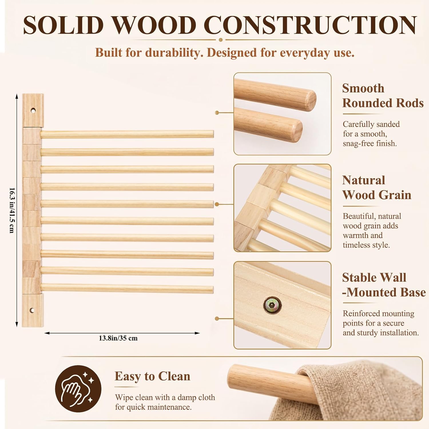 Yookeer Wall Mounted Wooden Trouser Rack 10-Rod 13.8In Wooden Poles Hanging Organizer Rotatable Pants Rack Folding Clothes Storage Saving Space Swivel Pants Hanger for Closet Bathroom Laundry Room