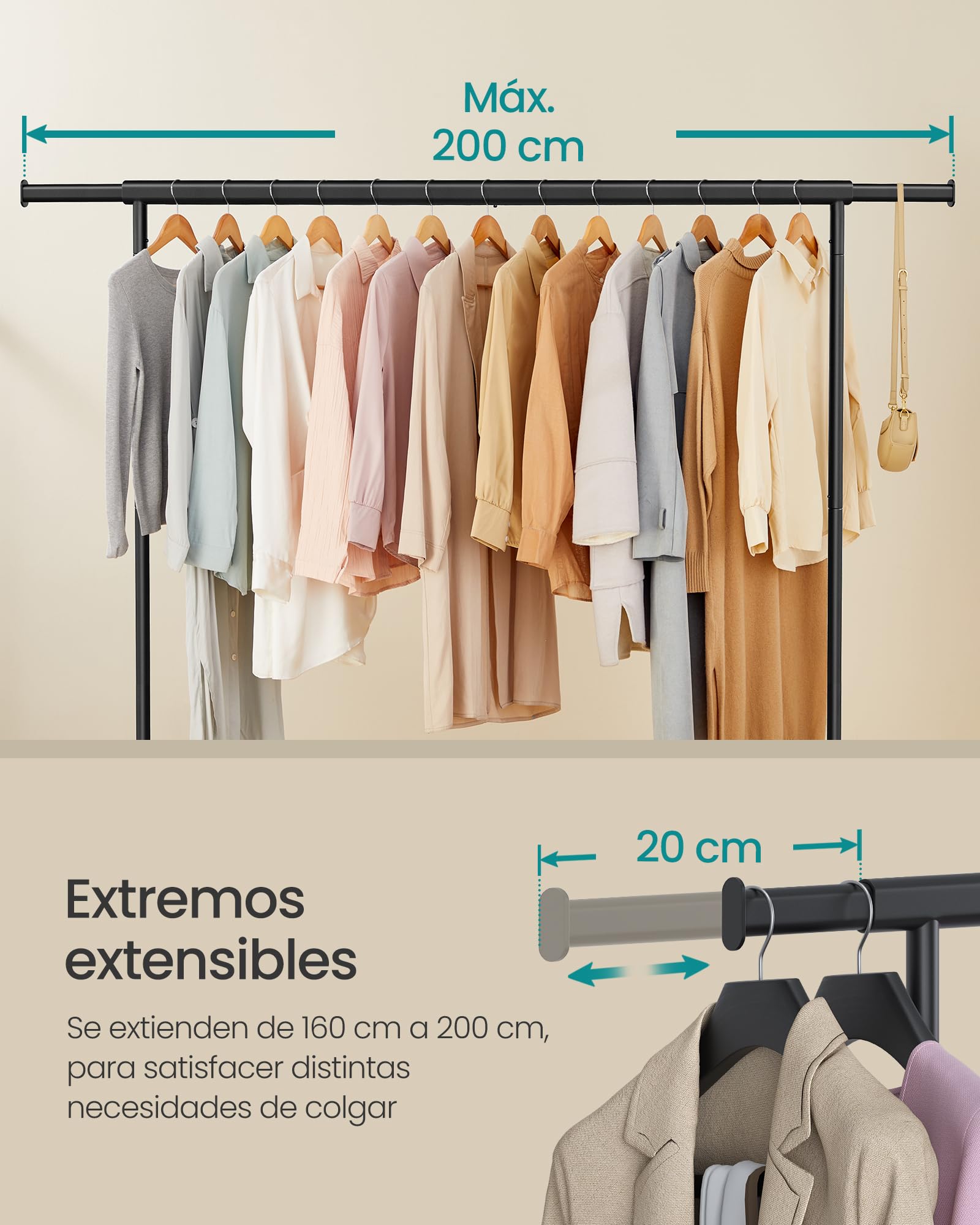 SONGMICS Burro Ropa con Ruedas, Perchero Extensible Capacidad 110 kg 45x160-200x162,9 cm Negro Mate