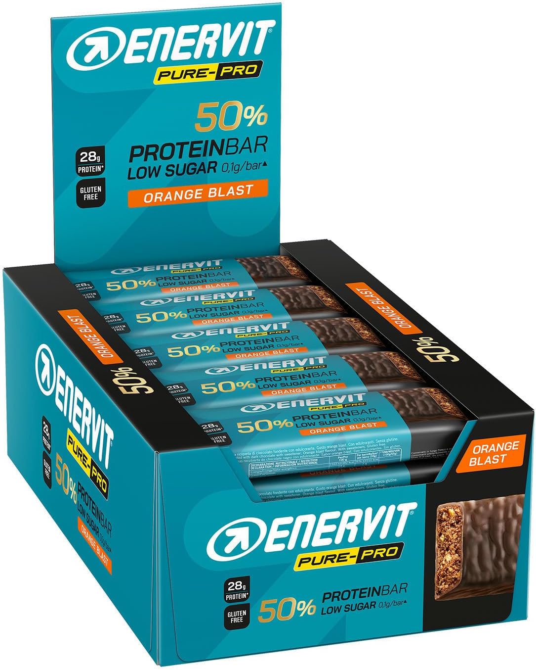 Enervit Pure-Pro Protein Bar 50% Orange Blast, Barrette Proteiche Senza Zucchero e Senza Glutine, Snack Proteici con 30g Proteine Ideale Post Workout Intensi, Ripieno Gusto Arancia, 25 Barrette da 55g