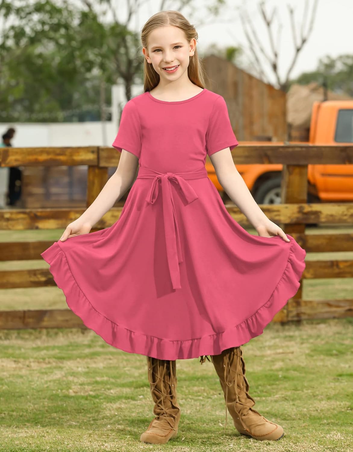 KYMIDY Girls Short Sleeve Swing Dress Kids Ruffle Loose Casual Twirl Belted Dresses with Pockets for Girls 6-12 Years - Image 5