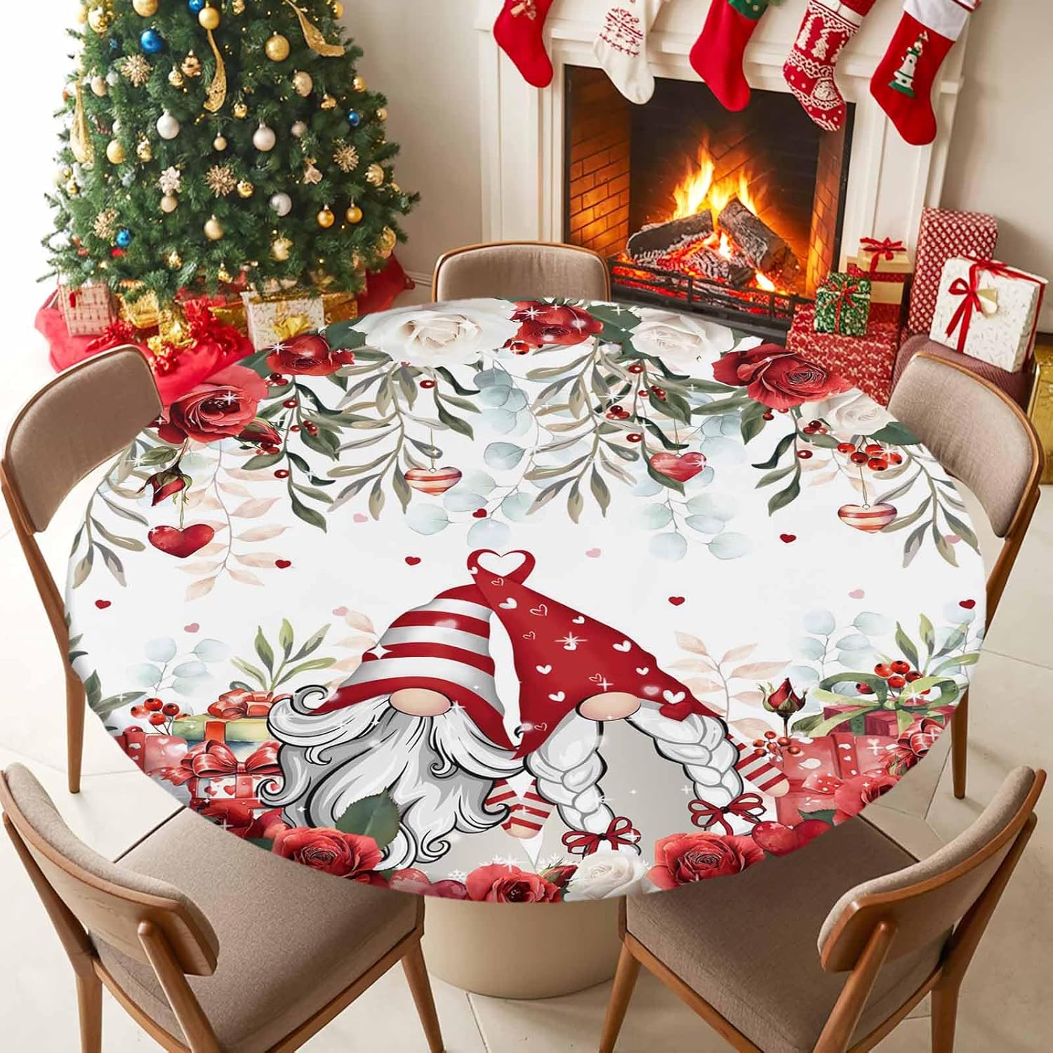 Valentines Round Table Covers with Elastic Gnome Boho Eucalyptus Leaves Gift Waterproof Fitted Tablecloth Wipable Table Cover Fits Up to 45-56In Tables, Table Cloth for Outdoor/Indoor Love Heart Rose