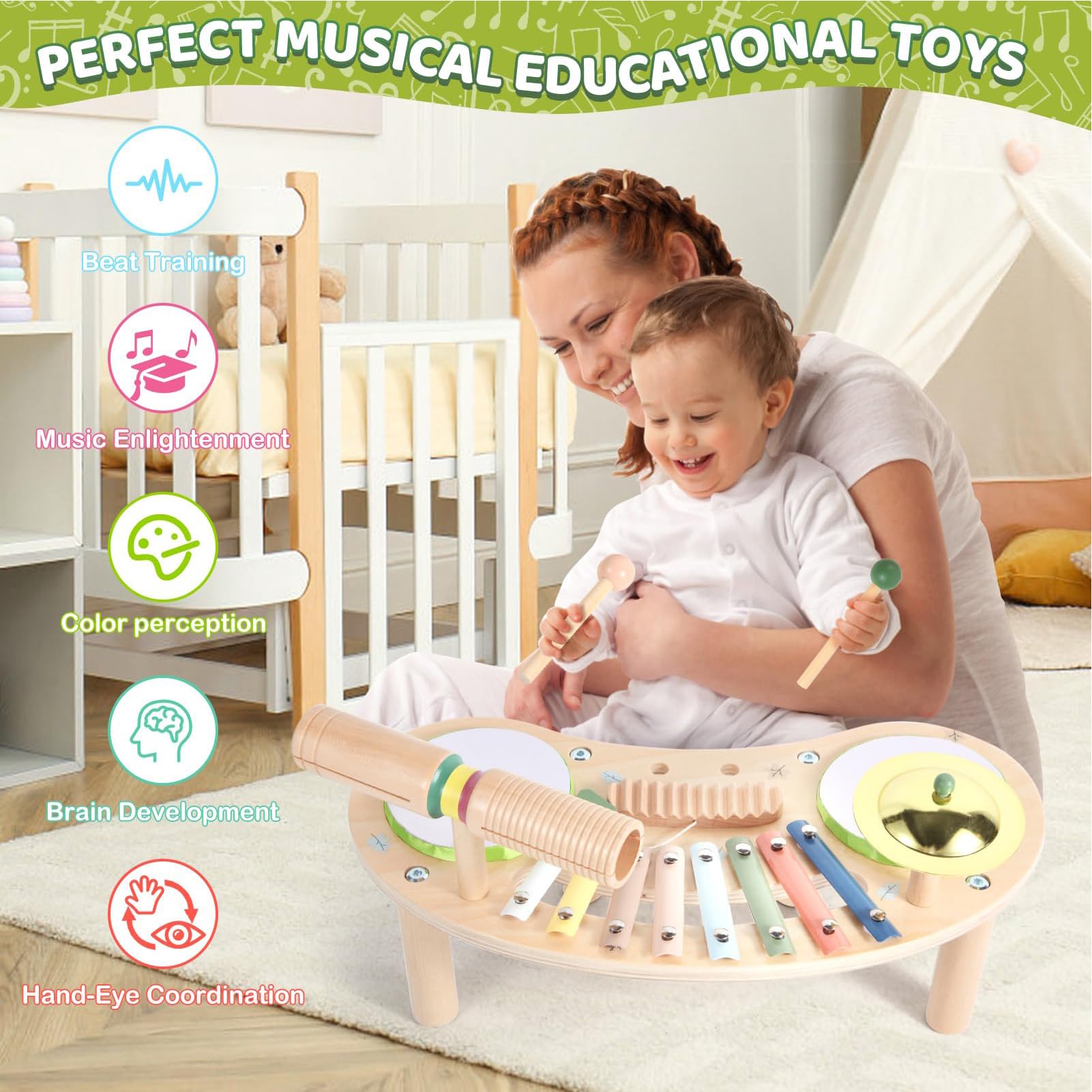 Batería para Niños Set de 7 Instrumentos Musicales de Madera | Juguete de Percusión Para Casa, Guardería, Colegio, Educación en Casa, Cumpleaños, Vacaciones