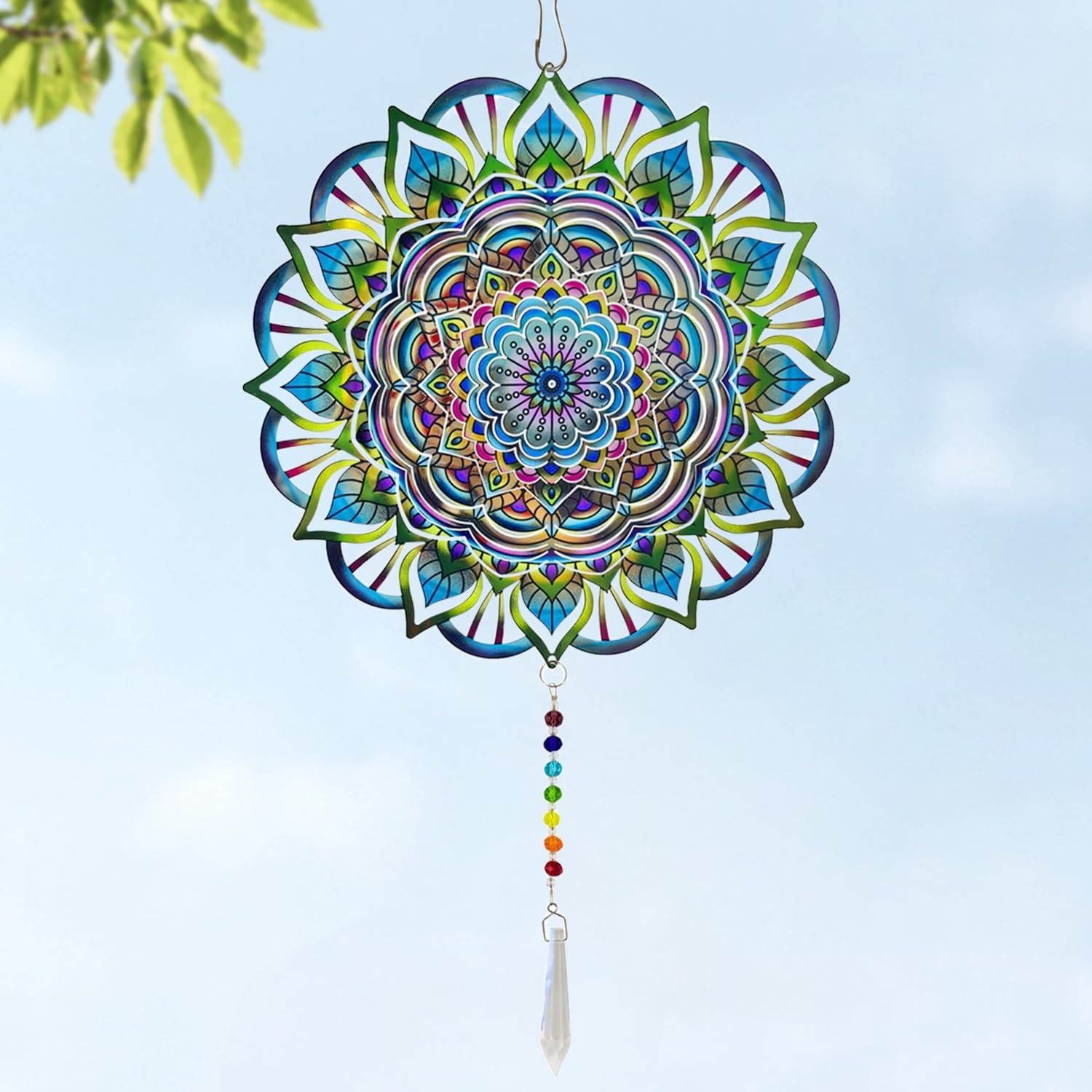 Mandala Wind Spinners Outdoor with Gazing Ball Spiral Tail, Marzovitra Stainless Steel 3D Kinetic 10 Inch Garden Decor for Patio, Home or Yard Decorations Outdoor Hanging Yard Art Metal Wind Sculpture