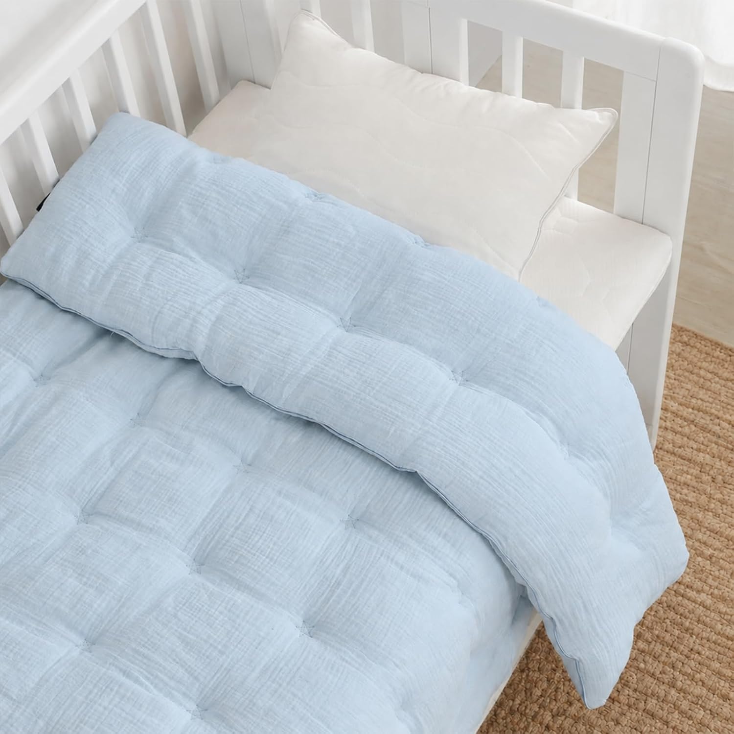 zzlamb Muslin Toddler Down Alternative Comforter,100% Cotton Shell Soft Lightweight All Season Baby Quilt,Hypoallergenic Fiber Filled Kid Blanket Duvet Insert for Crib,Machine Washable,41x50in Blue