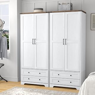 Yechen 71" White Wooden Armoire Wardrobe Closet Set of 2 - Tall Storage Cabinet with Adjustable Shelf, Hanging Rod & 2 Wide Drawers