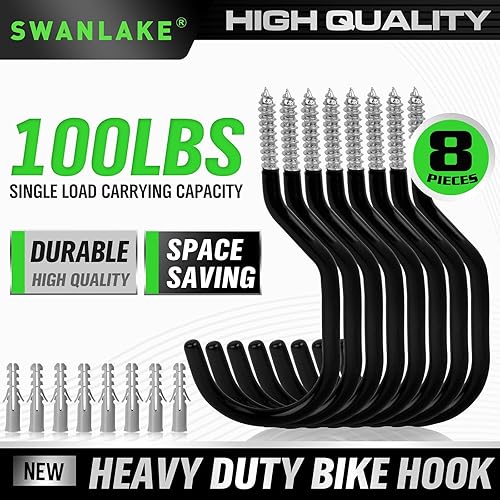 Miniatura 9 de SWANLAKE - Paquete de 6 ganchos resistentes para bicicleta, 6 pulgadas, capacidad de 100 libras, ganchos de bicicleta para pared de garaje y ganchos