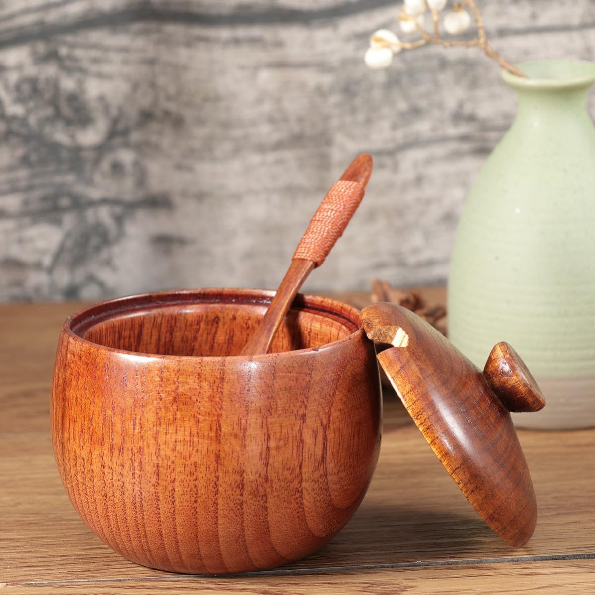 2pcs Wood Spice Jar with Spoon Seasoning Box for Kitchen Salt Storage