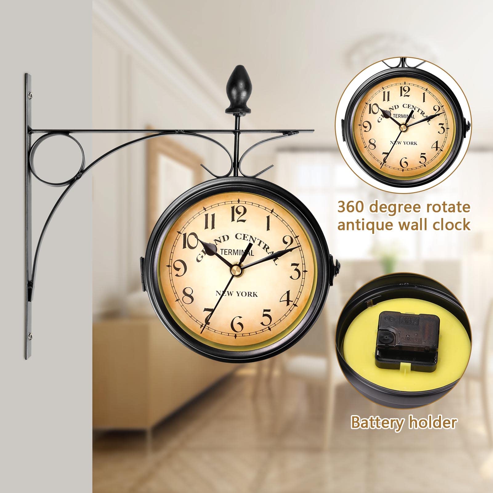 Buy NEWIMAGE Outdoor Double Sided Clock 8inch Round Wall Hanging Double-Sided Station Clock Decorative Wrought Iron Hanging Clocks For Home Decor Porch